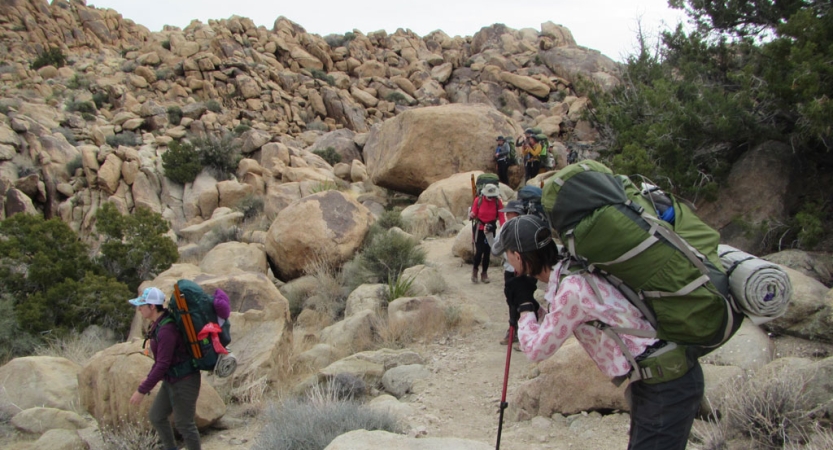 a group of veterans carrying backpacks make their way along a rocky landscape in joshua tree